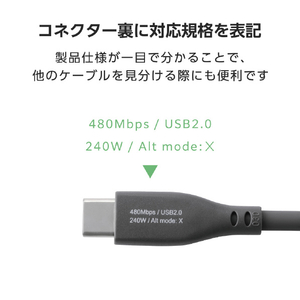 エレコム USB2．0ケーブル(USB Type-C(TM) - USB Type-C/240W/なめらか) グレー MPA-CCPESS20GY-イメージ8