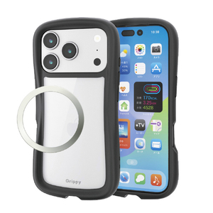 エレコム iPhone17 Pro用Grippy ハイブリッドケース フレームカラー メタルステッカー付 ブラック PM-A25CGRPFCBK-イメージ2