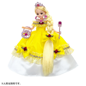 リカちゃんの黄色のプリンセスドレスです。ピンクメッキのアクセサリー付き。 ●華やかなきらめきイエローのドレスセットです。 ●キラキラのスカートは大きく広がり、リボンとローズのワンポイントがついています