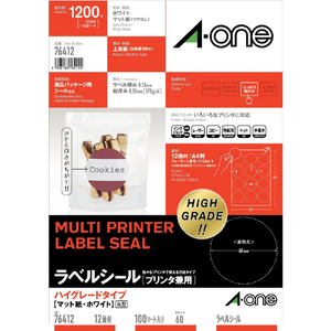 A-One ラベルシール ハイグレードタイプ A4 12面 丸型 直径60mm 100シート入(プリンタ兼用) ホワイト 76412-イメージ1