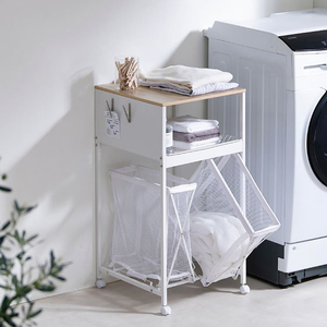 アイリスオーヤマ 天板付きランドリーワゴン ワイドタイプ バスケット付 ホワイト FCJ797V-TLAW-B420-イメージ2