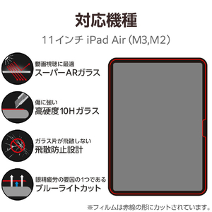 エレコム 11インチiPad Air(M3/M2)用ガラスフィルム 動画映え 高透明 BLカット ガイト付 TB-A25MFLGARBL-イメージ3