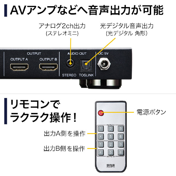 サンワサプライ HDMI切替器(6入力2出力・マトリックス切替機能付き) SW-UHD62N 1ch Digital 30Hz Dolby 0ch/5 DTS 3840×2160 60Hz 最大24bit HDR HDCP HD Nintendo タイプA 19PIN リモコン 4K/3840×2160 50/60Hz 50Hz 1ch/7 DTS5 LPCM2ch 192KHz 動作湿度 結露なきこと