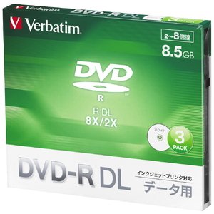 Verbatim データ用DVD-R DL 8．5GB 2-8倍速対応 インクジェットプリンター対応 3枚入り DHR85HP3V1-イメージ1