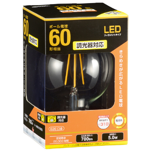 オーム電機 LED電球 E26口金 全光束700lm(5．0W フィラメントタイプ・ボール形) 電球色相当 LDG5L/D C6-イメージ1