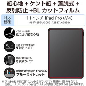 エレコム 11インチiPad Pro(M4)用フィルム 紙心地 着脱式 反射防止 ケント紙タイプ TB-A25PMFLNSPLL-イメージ2