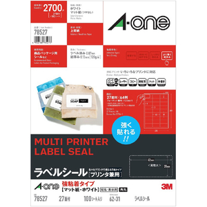 エーワン ラベルシール プリンタ兼用 強粘着タイプ マット紙・A4判 27面 四辺余白付角丸 ホワイト 78527-イメージ1