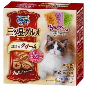ユニ・チャームペットケア 銀のスプーン 三ツ星グルメ お魚味クリーム お魚・鶏ささみレシピ3種のアソート 180g ﾐﾂﾎﾞｼｸﾞﾙﾒｵｻｶﾅｸﾘﾑｻｻﾐ180G-イメージ1