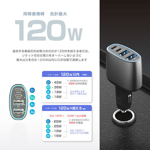 カシムラ DC／USB 4ポート 120W C2A2 FCK617D-DC076-イメージ2