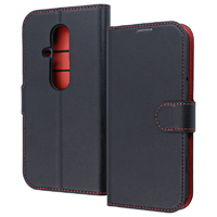 レイアウト らくらくスマートフォン F-53E用Like standard 耐衝撃 ルーペ付き マグネットベルト シンプル 手帳型レザーケース ブラック×レッド色 RT-FRS24ELC9/BR