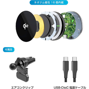 カシムラ Qi2マグネットワイヤレス充電器 エアコン取付 FCK642D-KW56-イメージ4