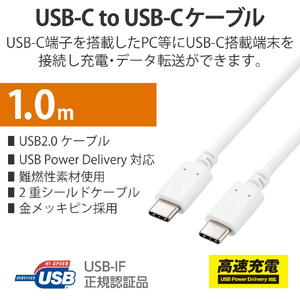 エレコム USB2．0ケーブル 2．0m(認証品、USB Type-C to USB Type-C) ホワイト U2C-CC5PC20NWH-イメージ2