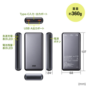 サンワサプライ モバイルバッテリー(20000mAh・PD20W) BTL-RDC29-イメージ18