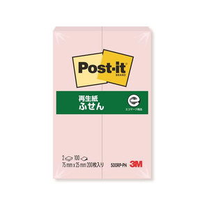 3M ポスト・イット ふせん 再生紙 75×25mm ピンク 2冊 F808145-500RP-PN-イメージ1