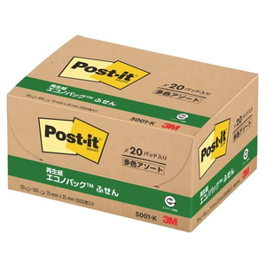 3M ポスト・イット ふせん 再生紙 エコノパック 75×25mm パステル 4色 20冊 F814937-5001-K-イメージ3