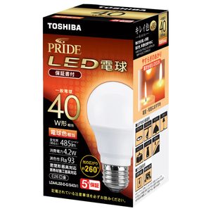東芝 LED電球 E26口金 全光束485lm(4．2W一般電球タイプ) 電球色相当 LDA4L22-D-G/S40V1-イメージ1