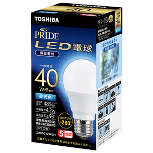 東芝 LED電球 E26口金 全光束485lm(4．2W一般電球タイプ) 昼光色相当 LDA4D-D-G/S40V1-イメージ1