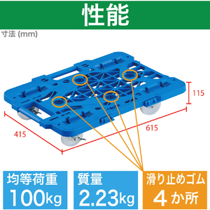 トラスコ 樹脂製平台車　連結式ルートバン　メッシュタイプ　６１５Ｘ４１５　 ナイロン車輪　４輪自在　ストッパー付　青 MPK-600NJS-B-イメージ3