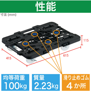 トラスコ 樹脂製平台車　連結式ルートバン　メッシュタイプ　６１５Ｘ４１５　 ナイロン車輪　４輪自在　ストッパー付　黒 MPK-600NJS-BK-イメージ3