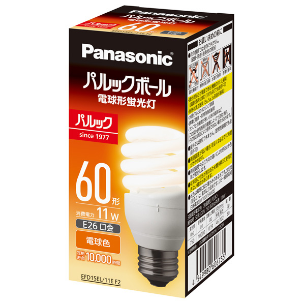 エディオンネットショップ パナソニック Efd15el11ef2 電球形蛍光灯 E26口金 全光束750lm 11w 電球60形タイプ 電球色相当 パルックボール