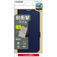 エレコム iPhone 16e用ソフトレザーケース 磁石付 耐衝撃 ステッチ カード収納充実 ネイビー PM-A25SPLFY3NV