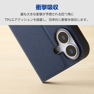 エレコム iPhone17e/16e用 ソフトレザーケース 磁石付 耐衝撃 ステッチ カード収納充実 ネイビー PM-A25SPLFY3NV-イメージ3