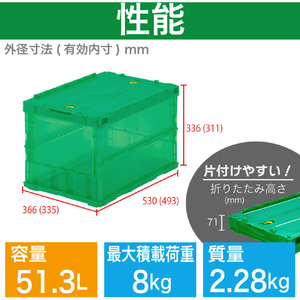 トラスコ オリコン 薄型折りたたみコンテナ スケルコン ５０Ｌ ロックフタ付 透明グリーン TRUSCO 折りたたみコンテナ“スケルコン” 薄型タイプ（スライドロックフタ付） TSK-C50B--GN-イメージ3