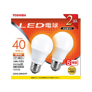東芝 LED電球 E26口金 全光束485lm(4．4W一般電球タイプ) 電球色相当 2個パック LDA4L-G/K40V1P-イメージ1