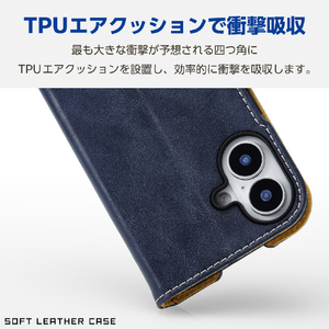 エレコム iPhone 16用ソフトレザーケース 磁石付 耐衝撃 ステッチ ネイビー PM-A24APLFYNV-イメージ3