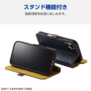 エレコム iPhone 16用ソフトレザーケース 磁石付 耐衝撃 ステッチ ネイビー PM-A24APLFYNV-イメージ6