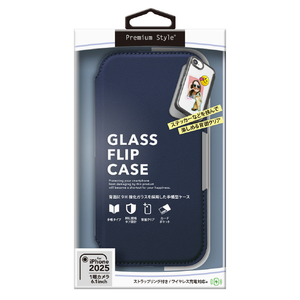 PGA iPhone 16e用ガラスフリップケース サフィアーノ調 ネイビー PG-25KGF06NV-イメージ1