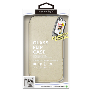 PGA iPhone 16e用ガラスフリップケース スエード調 ベージュ PG-25KGF08BE-イメージ1