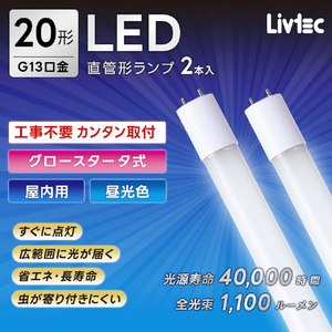 Livtec 20形 直管形LEDランプ グロースタータ式 昼光色 2本入り LW-LT20GT2P-D-イメージ4