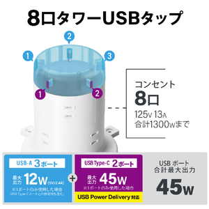 エレコム タワー型電源タップ(8個口・USB-Cポート×2/USB-Aポート×3・2m) 45W ホワイト ECT-2120WH-イメージ3