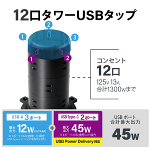 エレコム タワー型電源タップ(12個口・USB-Cポート×2/USB-Aポート×3・2m) 45W ブラック ECT-2220BK-イメージ3