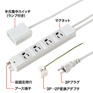 サンワサプライ 手元スイッチ付き抜け止めタップ(3P・4個口・5m) TAP-5433MGN2-5-イメージ2