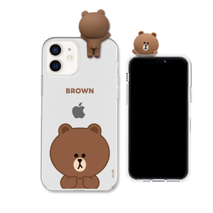 LINE FRIENDS iPhone 12 mini用フィギュア付きソフトクリアケース BASIC BROWN KCE-CSG365-イメージ1