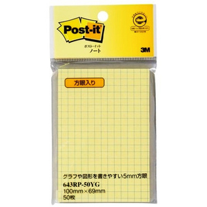 スリーエムジャパン ポストイット再生紙ノート 方眼入り イエロー ﾎﾟｽﾄｲﾂﾄｻｲｾｲｼﾉ-ﾄ643RP50YG-イメージ1