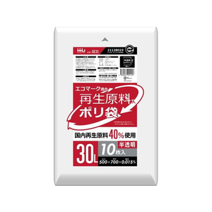 ＨＨＪ HDPE再生原料40%配合 ポリ袋 30L 半透明 10枚 FC634MM-GE33-イメージ1
