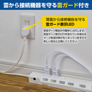 エルパ 耐雷電源タップ6個口5m ブレーカー付き ホワイト WLK-R65BW-イメージ4