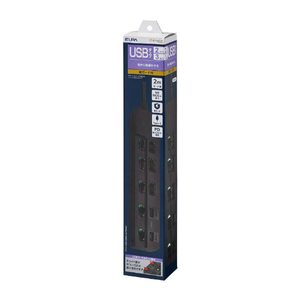 エルパ USBスイッチ付きタップ 雷ガード 3個口2m Type-C2ポート PD20W e angle select ブラック WBL-32SUC2PDBKE5-イメージ1